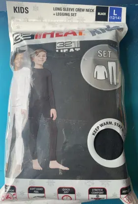 32 Degrees 192166714294 Heat Kids Long Sleeve Crew Neck Legging Set Size L 12/14 Black