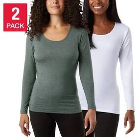 32 Degrees 198384088438 Women 2 Pack Ultra Light Thermal Base Layer Scoop Top White/ Green M