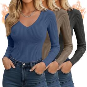 Baggyfly Gim-baggyfly-0890 3 Pack Womens Ribbed Long Sleeve V Neck Tops Thermal Undershirt Fall Winter