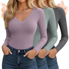 Baggyfly Gim-baggyfly-0914 3 Pack Womens Ribbed Long Sleeve V Neck Tops Thermal Undershirt Fall Winter