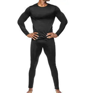 19258 Body Glove Mens 2-piece Black Thermal Long Johns Fleece Lined Baselayer Set Large