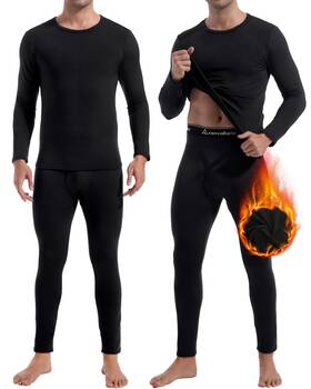 Cl Convallaria C1101b-2 Mens Thermal Long Johns Set - Fleece Lined Crew Neck Large Black