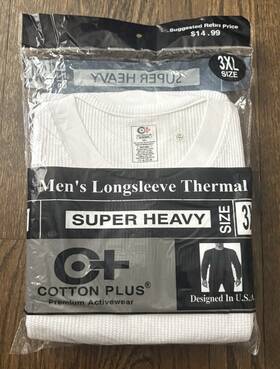 Cotton Plus Cpt303xl Longsleeve Thermal Top Size 3 Xl Super Heavy In Pkg Polyester