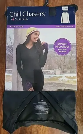Cuddl Duds 086201524545 Shirt Womens Xl Black Chill Chasers Long Sleeve V Neck Micofiber