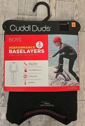 Cuddl Duds 197117355540 Baselayer Small 6-7 2pc Set Boys Performance Black Crew And Pants New