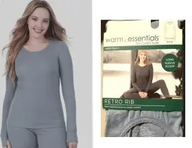 Cuddl Duds 197117387077 Warm Essentials Womens Retro Rib Long Sleeve Scoop Top Blue/gray Xl