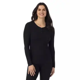 Cuddl Duds 198110166133 Womens Stretch Rib Long Sleeve Crew Henley Top Large Black
