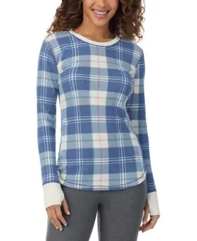 Cuddl Duds 198110173261 Cozy Stretch Thermal Crewneck Top Blue Plaid Size M