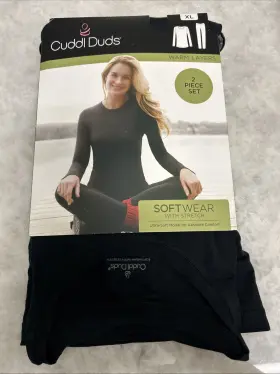 Cuddl Duds 198110380492 2 Pc Women Xlarge Top And Legging Set Black New Stretch Long Sleeve
