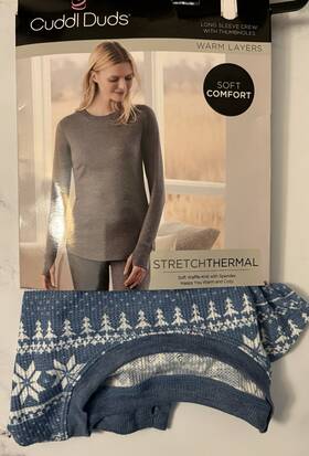 Cuddl Duds 769137579178 Woman S Cozy Stretch Thermal Long Sleeve Crew -blue/white Xs Nwt