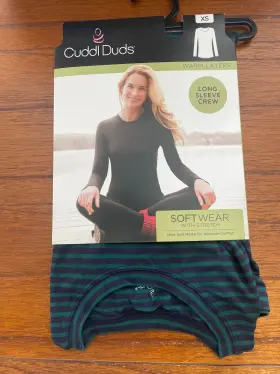 Cd8427816 Cuddl Duds New Womens Green And Navy Stripes Long Sleeve Crew Warm Layers