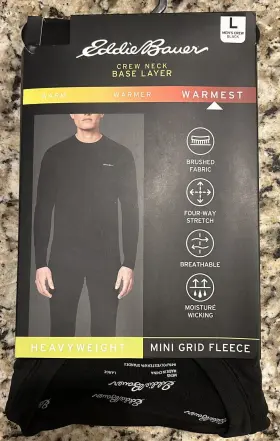 Eddie Bauer 721357001891 Men S Lg Black Heavyweight Base Layer Thermal Shirt Mini Grid Fleece