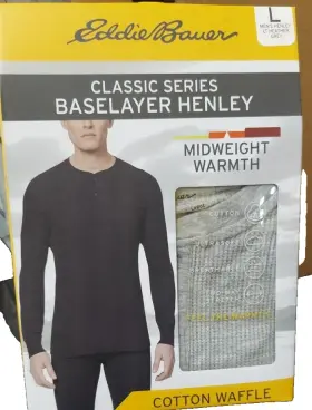 Eddie Bauer 721357464788 Classic Series Base Layer Henley Mens Xl Heather Grey Cotton Waffl