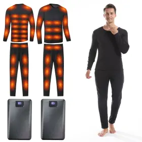 Ht-42qu-heating-men-l Foern Heated Thermals Underwear Set Black L With 2 Quickly-charging Batteries Shirts