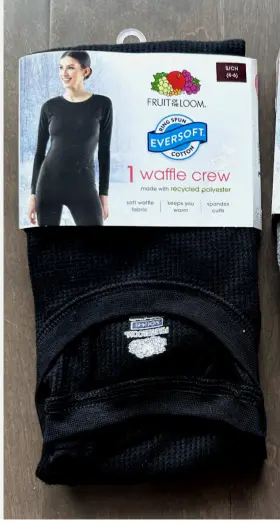 Fruit Of The Loom 196203041152 Thermal Waffle Crew Shirt Long Sleeve Black Womens Small 4-6