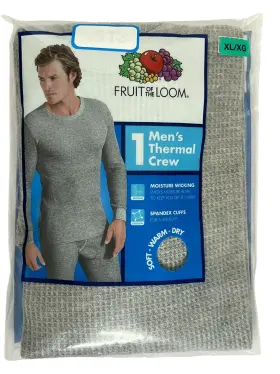 Fruit Of The Loom 761253078252 Mens Xl Thermal Crew Gray Top Moisture Wicking Soft Warm Dry