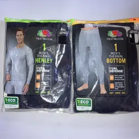 Fruit Of The Loom 761253156332 Mens Medium Thermal Henley Shirt Black And Bottom Matching Set