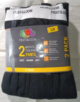 Flmm22ws Fruit Of The Loom Thermal Pants 2 Pack Large Black Lg Fol