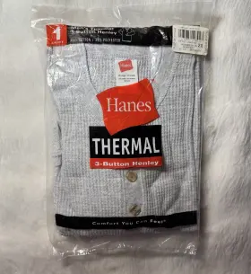 Hanes 043935127923 Men S Thermal 3 Button Henley 2xl 50-52 Inch Grey Waffle Base Layer New
