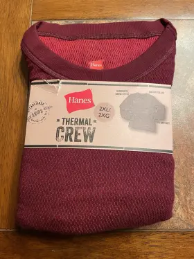Hanes 058185132115 Mens Size 2xl Rib Knit Cuff And Collar Burgundy Thermal Crew Base Layer Top