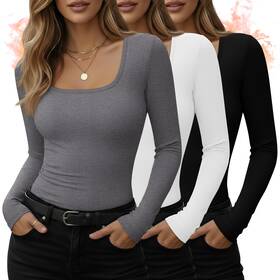 Huukeay Huukeay-thermal-31 3 Pack Womens Thermal Long Sleeve Shirts Fleece Lined Square Neck Fitted War
