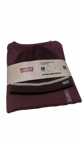 Levis 888823015728 Dodger Thermal Tee And Knit Hat Mens Large Burgundy New