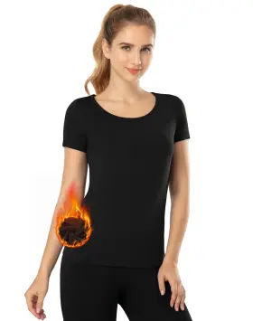 Mf-5762 Mancyfit Thermal Top For Women Fleece Lined Shirt Short Sleeve Base Layer Black X-large