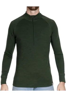 Meriwool 191314032457 Men S Base Layer 100% Merino Wool Midweight Half Zip 250g Army Green