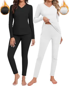 Neer 445036884829 2 Sets Thermal Underwear For Women V Neck Fleece Lined Base Layer Top And