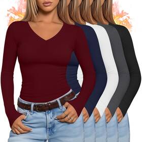 Oakgarden Oakgarden-oighjwbi528514 5 Pack Womens Thermal Long Sleeve Shirts Fleece Lined V Neck Tops Slim Fit B