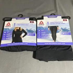 Reebok 766159515061 Womens Performance Base Layer Long Crew And Pant Set Black Small S New