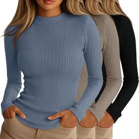 Riyiper Riyiper-sho8 3 Pack Womens Ribbed Shirts Mock Turtleneck Long Sleeve Tops Slim Fitted Un