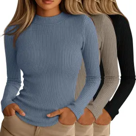 Riyiper-sho8 Riyiper 3 Pack Womens Ribbed Shirts Mock Turtleneck Long Sleeve Tops Slim Fitted Un