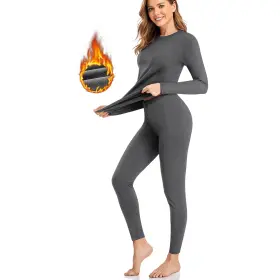 20220804-wu02-04 Simiya Womens Grey Thermal Underwear Set - Fleece Lined Long Johns Top Bottom