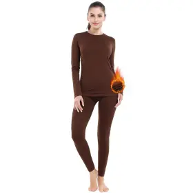 St-8011-02-brn Subuteay Women S Thermal Long Johns Set Fleece Lined Base Layer Top And Bottom