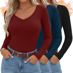 Sweetyweee Sweetyweee-183jn13id52 3 Pack Womens Thermal Shirts Long Sleeve V Neck Fleece Lined Undershirts Sli
