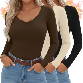 Sweetyweee-183jn13id67 Sweetyweee 3 Pack Womens Thermal Shirts Long Sleeve V Neck Fleece Lined Undershirts Sli