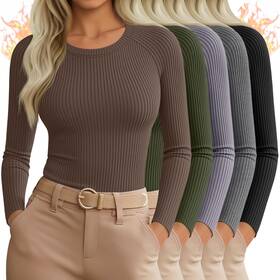 Sweetyweee Sweetyweee-dvmj-0249 5 Pack Womens Thermal Long Sleeve Shirts Ribbed Knit Cotton Tops Crewneck Wa
