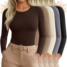 Sweetyweee Sweetyweee-dvmj-0258 5 Pack Womens Thermal Long Sleeve Shirts Ribbed Knit Cotton Tops Crewneck Wa