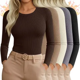 Sweetyweee-dvmj-0258 Sweetyweee 5 Pack Womens Thermal Long Sleeve Shirts Ribbed Knit Cotton Tops Crewneck Wa