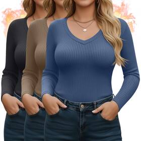 Sweetyweee Sweetyweee-jefd-b060 3 Pack Plus Size Thermal Shirts For Women Cotton Long Sleeve Ribbed Knit Tops