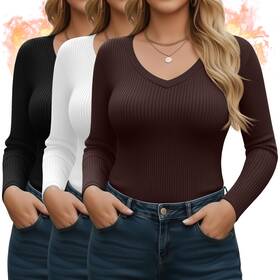 Sweetyweee Sweetyweee-jefd-b065 3 Pack Plus Size Thermal Shirts For Women Cotton Long Sleeve Ribbed Knit Tops