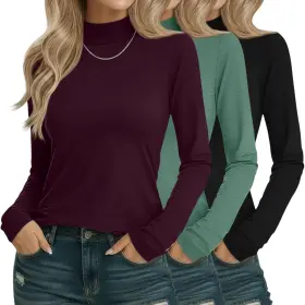 Sweetyweee-lgfd-v037 Sweetyweee 3 Pack Cotton Womens Mock Turtleneck Shirts Long Sleeve Neck Tops Casua