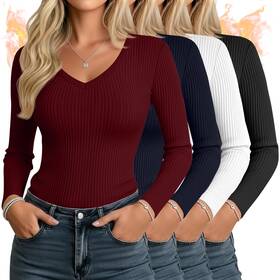 Sweetyweee Sweetyweee-sxw2-v048 4 Pack Womens Thermal Shirts Long Sleeve Ribbed Cotton Tops V Neck Fitted Wi