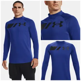 Under Armour 194511787649 Mens M Ua Coldgear Grid Mock Long Sleeve Fitted Top Blue Black New