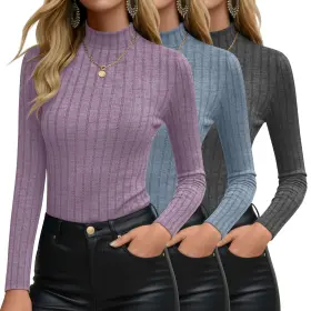 Velvelhall-bfbf-m1w26 Velvelhall 3 Pack Womens Mock Turtleneck Sweater Ribbed Knit Long Sleeve Tops Soft Ther