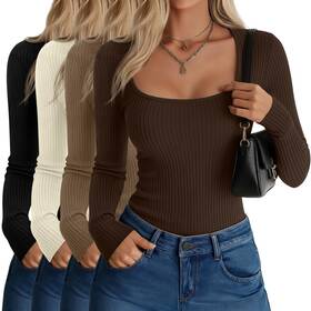 Velvelhall Velvelhall-yaou-4126 4 Pack Womens Ribbed Thermal Long Sleeve Shirts Cotton Scoop Neck Slim Fit