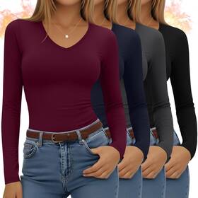 Velvelhall Velvelhall-zbns-2717 4 Pack Womens Long Sleeve Thermal Shirts Fleece Lined V Neck Slim Fit Underw