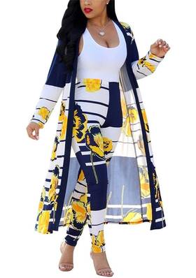 Vlunt K8576-yellow-xxl Womens Floral Print Long Sleeve Cardigan Cover Up Pants 2 Piece Outfits