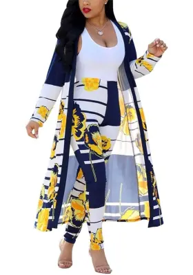 K8576-yellow-xxl Vlunt Womens Floral Print Long Sleeve Cardigan Cover Up Pants 2 Piece Outfits